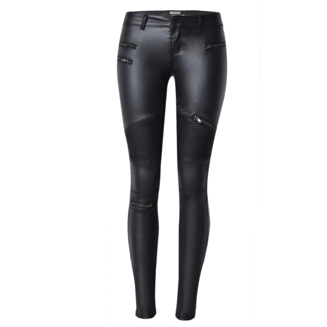 Pantaloni da ciclismo da donna in pelle PU Slim Fit elasticizzati leggings, Nero , 76