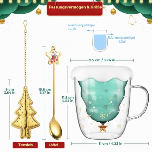 ecooe Doppelwandige Süße Weihnachtsbaum Latte Macchiato Gläser 270ml Kaffeetasse Weihnachten Becher mit Weihnachtsbaum Teesieb Teegläser… – Ansicht 2