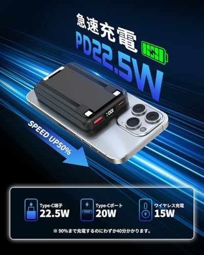 モバイルバッテリー Magsafe対応 10000mAh大容量 PD22.5W急速充電 6台同時充電可能 ワイヤレスモバイルバッテリー マグネット式ワイヤレス充電対応 Type-C入出力ポート搭載 4つケーブル内蔵 LED残量表示 パワーバンク マグセーフ充電器 コンパクト 軽量 小型 スマホに対応 機内持込可 PSE認証済み iPhoneシリーズ対応 機内持込可