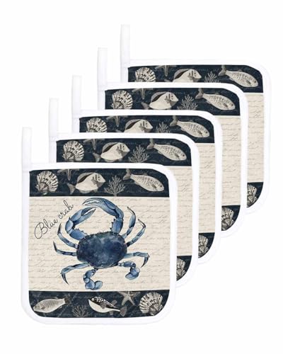 5 Packs Nautical Coastal Coral Pot Holders Sets for Kitchen,Oven Pan Plate Bowl Pads Heat Proof Mat with Hanging Loop,Thick Terry Cloth Potholders For Cooking Baking Tropical Fish Vintage Seashell