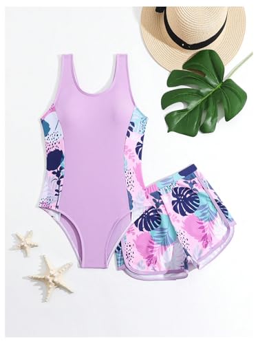Floerns Girl's Swimsuit One Piece Bathing Suit Tropical Floral Swimwear with Cover Up Shorts Hawaii Beach Vacation3