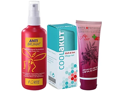 Anti-Mücken Sparset Kombiset - Anti Brumm Forte Spray 75 ml & CoolAkut Stich & Sun Pflege-Gel 30 ml Inkl. GRATIS Rats-Apotheke Olivenöl Pflegecreme Cover