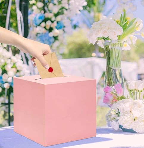 Image of SietDESEO Pink Card Box for Party 9.8 inch x 9.8 inch Large Gift Card Box Holder for Wedding Reception Baby Shower Birthday Graduation