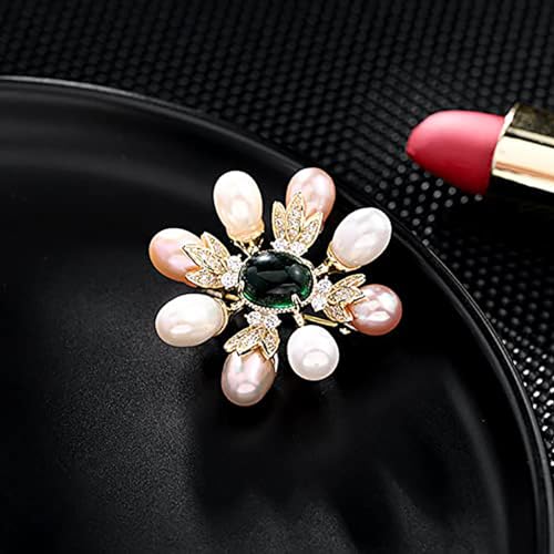 Image of 14K Gold Handcrafted Emerald Brooch with Moissanite and Freshwater Pearls - Vintage Style Floral Corsage, Fashion Coat Accessory Gift