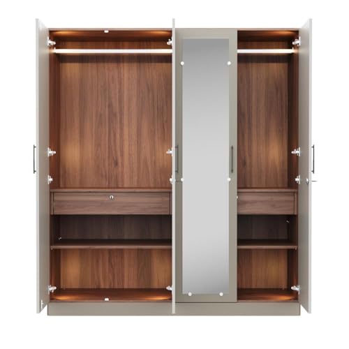 Image of Wakefit Tyrian Plus 4 Door with 4 Shelves 2 Drawers 2 Hanging Areas 1 Mirror SH2-Carcass: Columbian Walnut Shutter: Creamy Brown