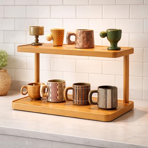 Image of Rioware Bamboo Organizer Rack - Multi-Layer Desktop Storage Shelf for Cups, Mugs & Tea Sets | Wooden Countertop Sideboard Display Stand for Kitchen, Dining & Home Deco