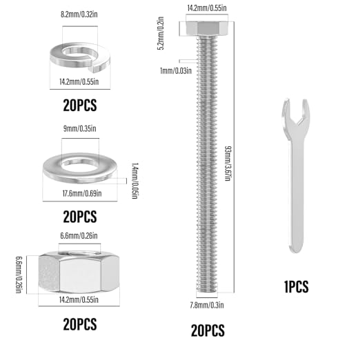 Image of 20PCS 5 /16-18 x 3-1 /2 inch 304 Stainless Steel External Hex Bolt, Fully Threaded Bolt with Nut Flat & Lock Washers and Spanner