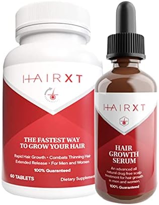 HairXT100Hair Vitamins & Serum For Men & Women – Promotes hair Growth, Thickens, Fights Hair Loss, & Nourishes Scalp – Includes Over 20 Essential Hair Care Ingredients In One Bundle – 60 Cap, 2 oz