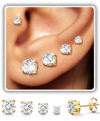 Stud Earrings for Women Men, Hypoallergenic Women's 14K Gold Plated 316L Stainless Steel CZ Studs Earrings Simulated Diamond Round Cubic Zirconia Ear Stud Set