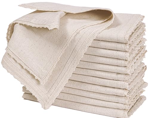 Bedding Craft Cloth Dinner Napkins Linen Flax Cotton 18x18 Set of 12 – Natural with Lace & Mitered Corners – Machine Washable Reusable Fabric Napkins for Weddings, Parties & Table Decorations