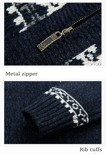 Mens Full Zip Cardigan Sweater Jacquard Pattern Stand Collar Ribbed Knit Long Sleeve Sweater4