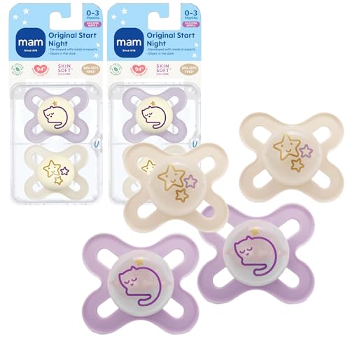 Image of MAM Original Start Night Baby Pacifiers 0-3 Months Newborns, BPA-Free Skin Soft Silicone Nipple, Glows in The Dark, Developed with Medical Experts, 4 Count