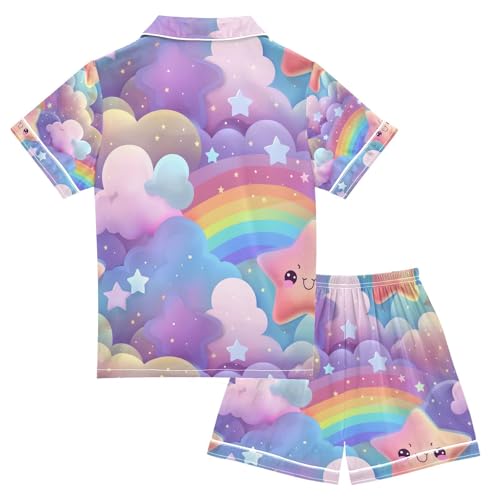 senya Kawaii Rainbow Star Satin Summer Pajama Sets Silk Short Sleeve Button Down Sleepwear2