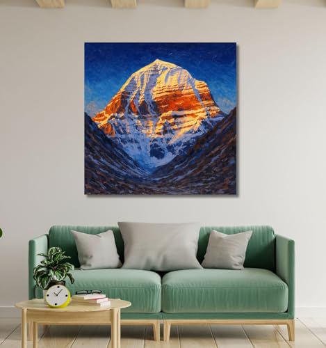 Image of Kunj Cart Mount Kailash Painting | 10+ DESIGNS | Kailash Parvat Canvas Painting for Living Room, Temple Home & Office Wall Decoration (Kailash Mountain Painting, 18x18 Inch, Framed)