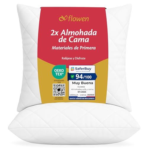 Flowen Almohadas para Cama 65x65 2 Unidades Relleno Cojin Hipoalergénico Antiácaros y Suave Cuadrado para Hogar con Funda de Almohada Acolchada Blanco Extraíble y Lavable