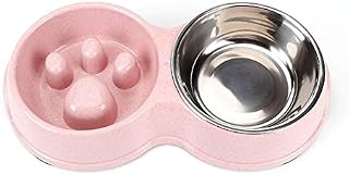 Tineer Double Pet Dog Slow Feeder Bowl,Stainless Steel Anti-choke Puppy Food and Water Feeder for Dog Cats (Pink)