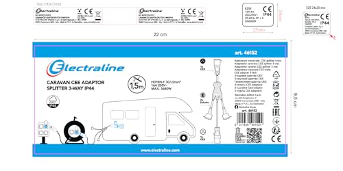 Electraline 46152 3-Fach Caravan Splitter Verlängerung/Stromkabel mit 2 Schuko-Steckdosen+1 Industrie-CEE, CEE-Stecker für den Außenbereich IP44, Gummikabel H07RN-F 3G1,5 mm, Länge 1,5 m, Schwartz