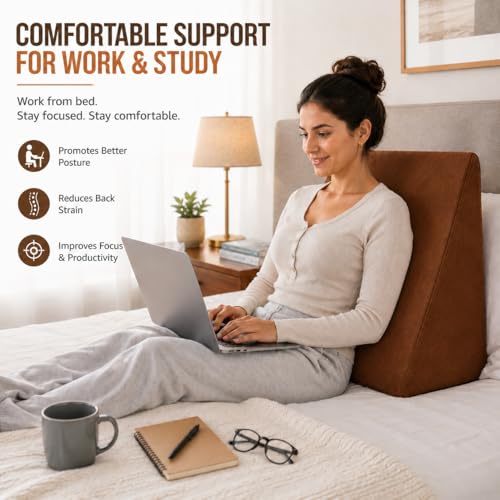 Image of Wedge Pillow for Bed | Back & Neck Support Pillow for Sleeping & Reading | Bed Wedge Pillow for Acid Reflux, Back Pain & Legs Elevation | Pregnancy Support Pillow with Comfortable Foam - Brown