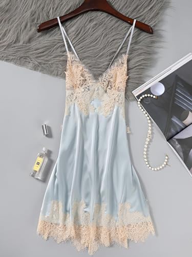 Image of Lilosy Sexy Silk Lace Up Backless Satin Applique Floral Lace Babydoll Lingerie Dress with Tong 2 Piece