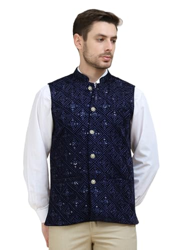 Image of Men's Sequins Velvet Nehru Jacket (Navy Blue, XL)