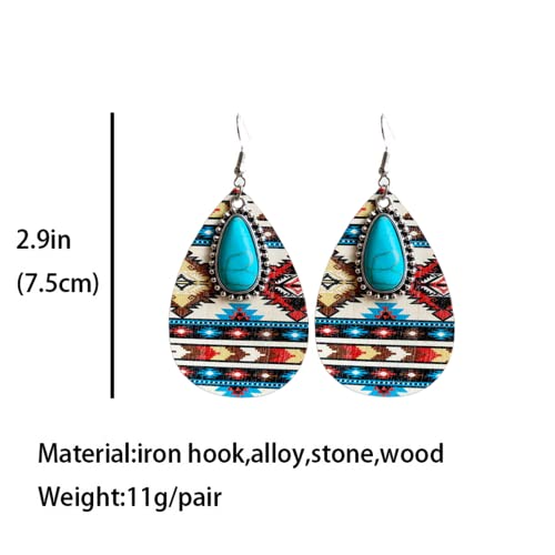Western Cowgirl Cowboy Wooden Teardrop Dangle Earrings for Women Boho Vintage Turquoise Aztec Pattern Cactus Print Leather Earrings Jewelry2