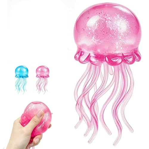 Glitter Pink Jellyfish Squishy Toy Stress Relief Fidget Toy for Adults Soft TPR Sensory Toy with Wiggly Tentacles Portable Anxiety Relief Squeeze Ball for Office School & Travel
