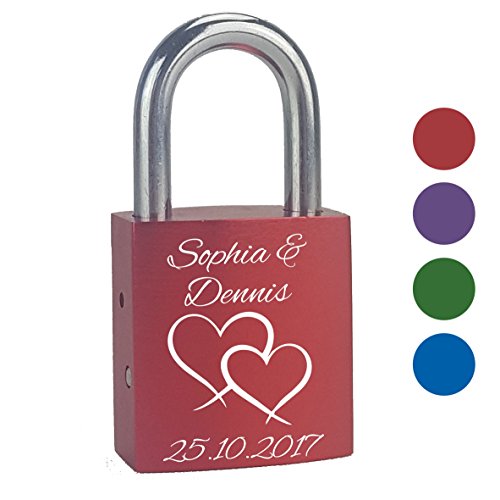 Preisvergleich Produktbild Liebesschloss mit personalisierter Gravur Doppelherz individuell graviert mit Namen und Datum zum Valentinstag Hochzeit Geschenk für Paare Liebe Partnerschaft