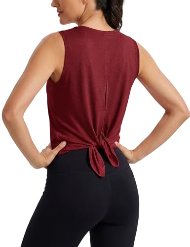 Image of MAGCOMSEN Workout Tank Tops Woman Summer Open Back Yoga Athletic Shirts Sleeveless Tie Back Loose Fit Gym Muscle Tank