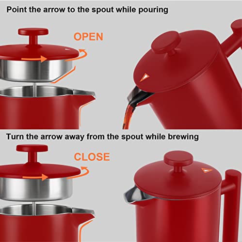 Image of Secura French Press Coffee Maker, 304 Grade Stainless Steel Insulated Coffee Press with 2 Extra Screens, 34oz (1 Litre), Red (Pack of 12)