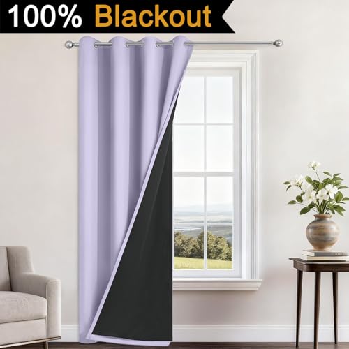 Image of Yakamok Lilac Blackout Curtains 96 Inches Long for Bedroom 52 inch Wide 1 Panel | Blackout Curtain Panels for Bedroom, 2 Thick Layers Grommet Top Thermal Insulated Drapes with Black Liner for Living Room