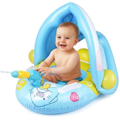 WEKUBA Baby Swimming Float with Water Gun Removable Sun Canopy Infant Swimming Float Inflatable Baby Swimming Ring with Inflator Pump Safety Seat for Pool Sea Waterworld Age 6-24 Months (Blue)