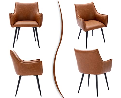 Guyou Brown Leather Dining Chairs Set Of 2, Modern Armchair Accent Chair Comfy Desk Chair Side Chair With Arms And Metal Legs For Kitchen Dining Room Bedroom Small Corner(Brown) #TOP5
