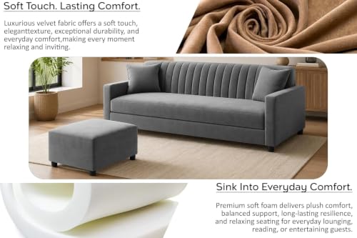 Image of 3-Seater Wooden Sofa Set with Matching Ottoman, Soft Velvet Upholstery, Comfortable Couch for Living Room, Office & Apartment - Grey Color