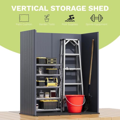 Image of Devoko 5x3 FT Resin Storage Shed with Floor, Small Plastic Vertical Outdoor Cabinet with Lockable Door, Waterproof Tool Garden Shed for Backyard Patio Lawn, Dark Gray