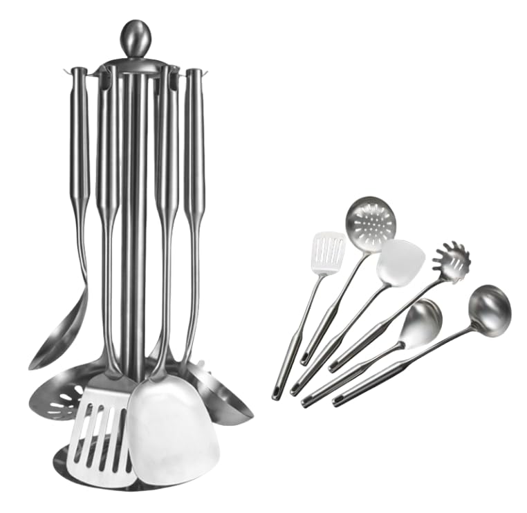 Juego de 7 utensilios de cocina de acero inoxidable 304, incluye una espátula, cuchara de sopa, espátula para freír, colador, cuchara de arroz y cuchara de pasta, accesorios de comedor para el hogar