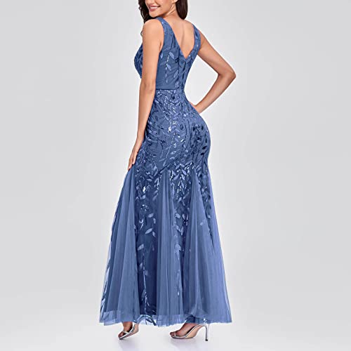 Women\'s Elegant Sleeveless V-Neck Embroidered Maxi Evening Dresses Sexy Trendy Mesh Patchwork Long Party Formal Gowns Light Blue