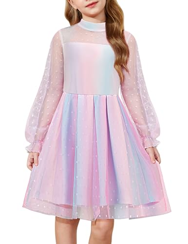 Arshiner Vestido Niñas Fiesta Manga Larga Abullonada Malla Rosa Degradado Vestidos Formal para Niños Elegante Otoño Vestido Cumpleaños Moda Ropa para Niñas 8-9 Años