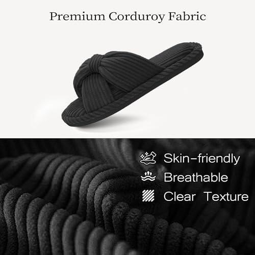 Image of IPSAE House Slippers for Woman Memory Foam Open Toe Slippers Corduroy Cross Bow Womens Slipper Slides Comfy Indoor Bedroom Slip On Shoes