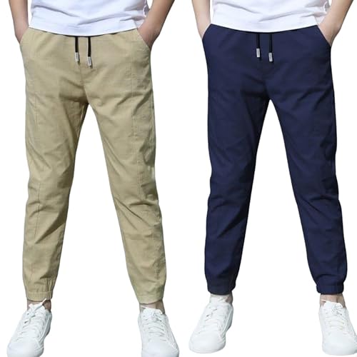 2 Pack Boys Linen Jogger Pants Summer Chino Pants Drawstring Trousers Lightweight Athletic Casual Pant School Uniform - Main Image
