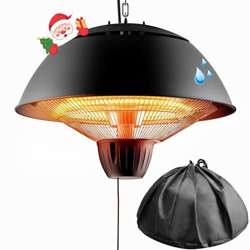 Electric Outdoor Heater, 1500W Hanging Ceiling Mounted Infrared Patio Heater for Outdoor Use, Waterproof Electric Heater for Porch, Balcony, Garage, Adjustable Height, Black