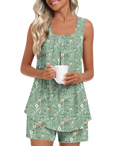 Image of LONGYUAN Womens Sleeveless Pajama Set Soft Summer Lounge Shorts Tank Top Sleepwear with Pockets 2 Piece Set M-3XL