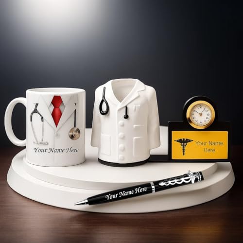 Image of ncgifts Personalized Doctors Desk Gift Set | Customized Doctor Pen, Fiber Pen Stand with Watch & Ceramic Coffee Mug | Unique Doctor Gifts for Clinic, Office & Personal Use