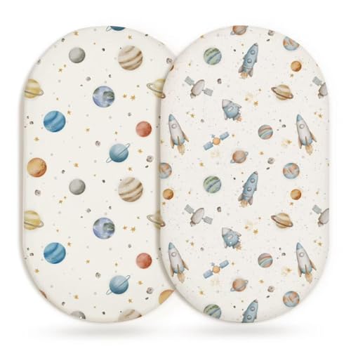 Image of Bassinet Sheets for Baby Girls Boys 2 Pack, Fitted Baby Mattress Sheet for Rectangle, Oval, Hourglass Bassinet Mattress, Breathable Cozy & Universal Fit (Stellar Adventure, Bassinet Sheet)
