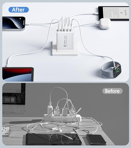Image of 50W USB C Wall Charger, 5-Port Fast Charging Block, USB C Wall Plug Type C Power Adapter Multiport Brick Portable USB C Block for iPhone 15 /14 /13 /12 Pro Max for Switch /Air, iPad, Galaxy, Tablet.