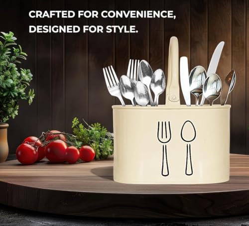 Image of Clazkit Plastic Cutlery Holder for Kitchen Counter | Rust-Resistant Spoon, Fork & Knife Organizer | Multipurpose Utensil Storage Basket | Ivory