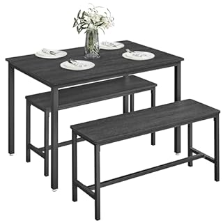 VASAGLE Dining Table with 2 Benches, 3 Piece Set, Kitchen Table of 70 x 110 x 75 cm, 2 Benches of 30 x 97 x 50 cm Each, Steel Frame, Ash Black and Ink Black KDT070B21