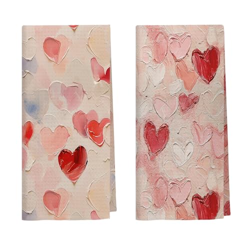 Kemingni Pink and Red Heart Valentines Day Kitchen Towels Set of 2 Valentines Day Gifts for Her Girlfriend Romantic Love Heart Decorative Hand Dish Tea Towels for Bathroom Kitchen 16x24 Inch