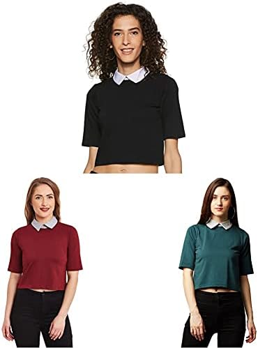 Miss Chase Women's Navy Blue and Grey Collar Neck Half Sleeves Solid Boxy Crop Top