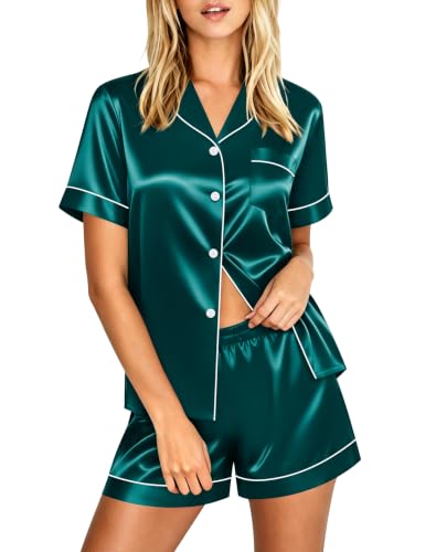 Image of LecGee Womens Silk Satin Pajamas Short Sleeve Loungewear Two-Piece Sleepwear Button-Down Pj Set