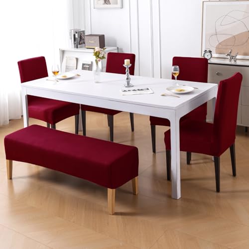 Image of HOKIPO 'SereneSolids' 140 GSM Polyester Blend Cover Set for 4 Dining Chairs + 1 Dining Bench, Burgundy (AR-6282-BRGN)